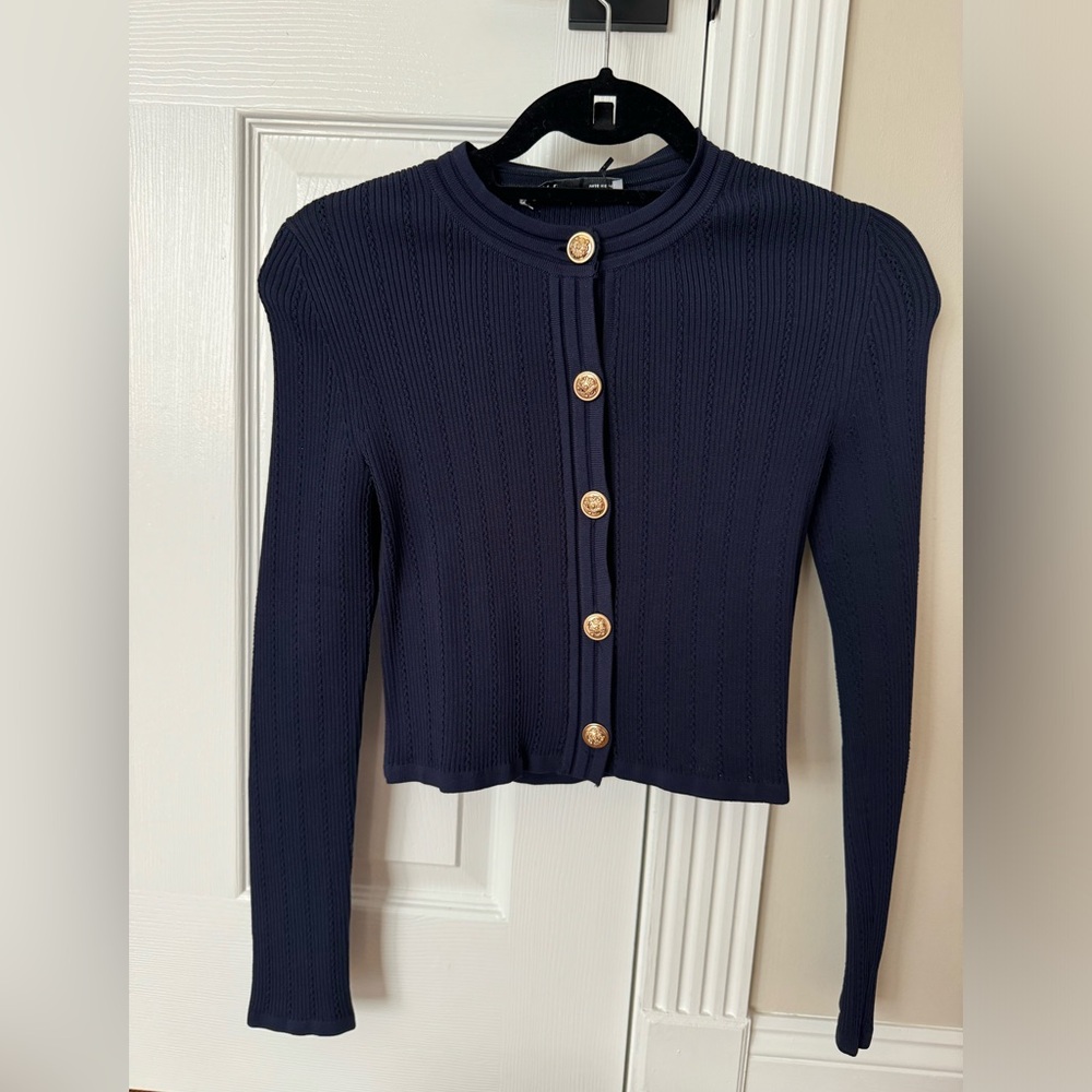 Zara Navy Ribbed Crop Cardigan with Gold Buttons